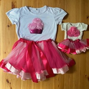 Girls Cupcake shirt with Tulle Tutu Skirt and matching doll outfit.